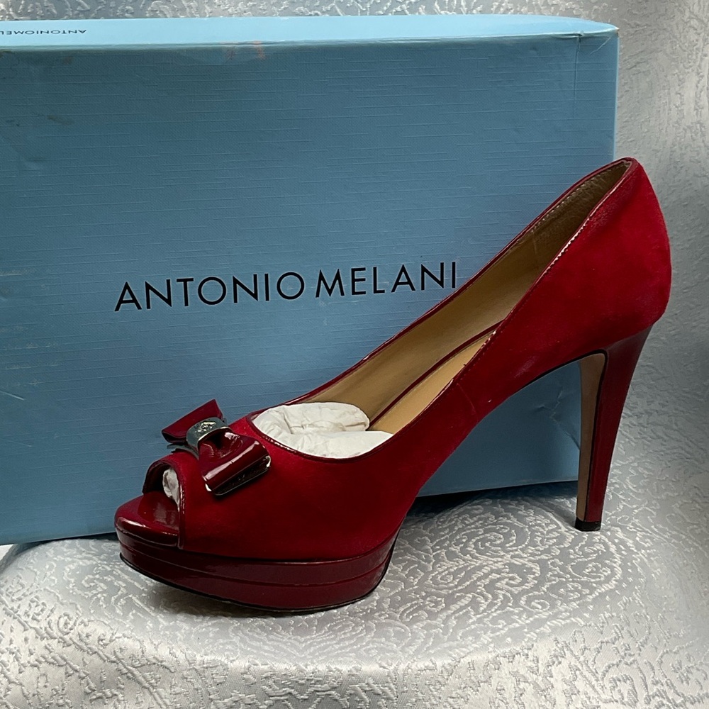 ANTONIO MELAN Women’s9.5 Burgundy Peep Toe Stiletto Heels - Picture 2 of 7
